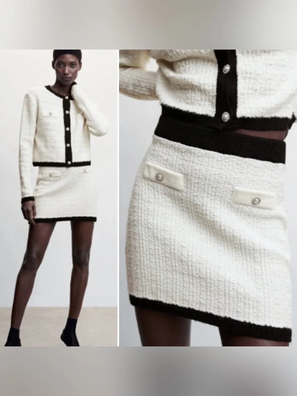 Mango- Pocket Tweed Skirt Size Large Off White Cotton Blend Office